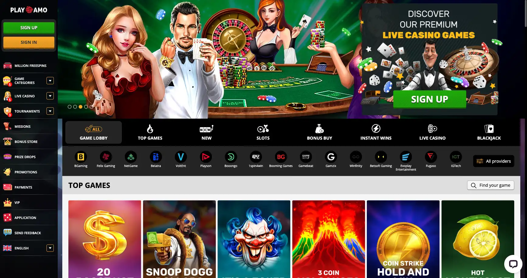 PlayAmo main page