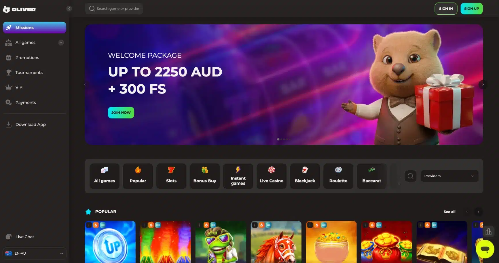 Oliver Casino Main Page