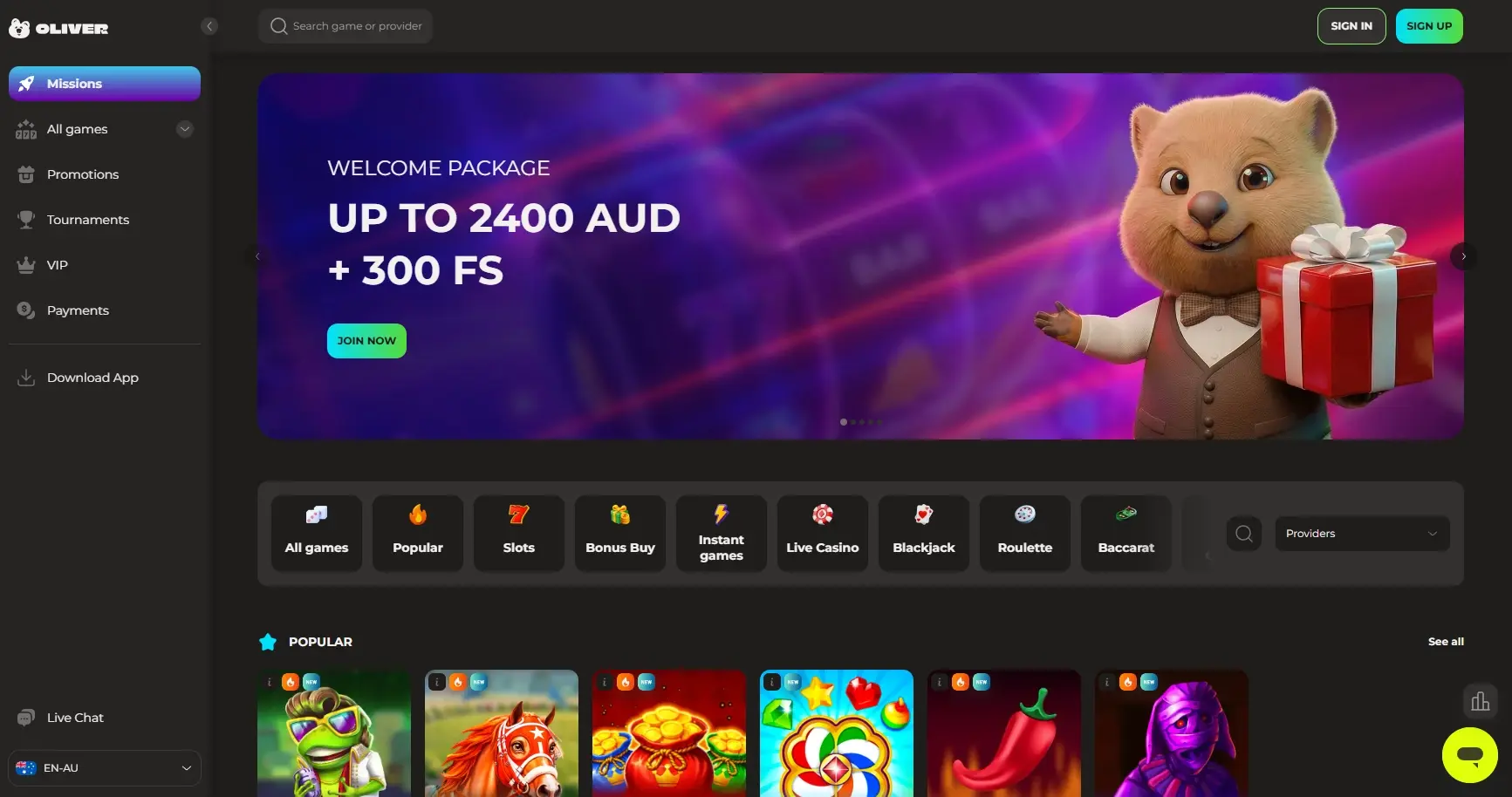 Oliver Casino Main Page